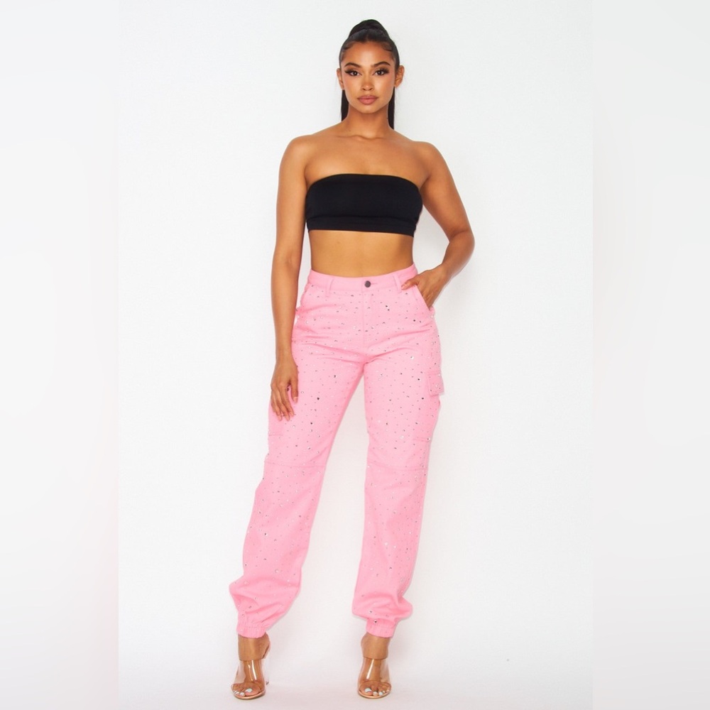 Hot & Delicious Pink Straight-Leg Cargo Pants with Sparkle Detail